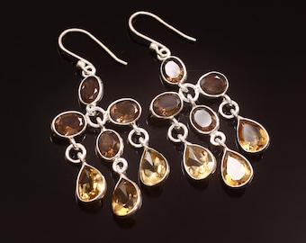 Smoky Topaz & Citrine Earrings: 925 Sterling Silver Gemstone Dangle Earrings