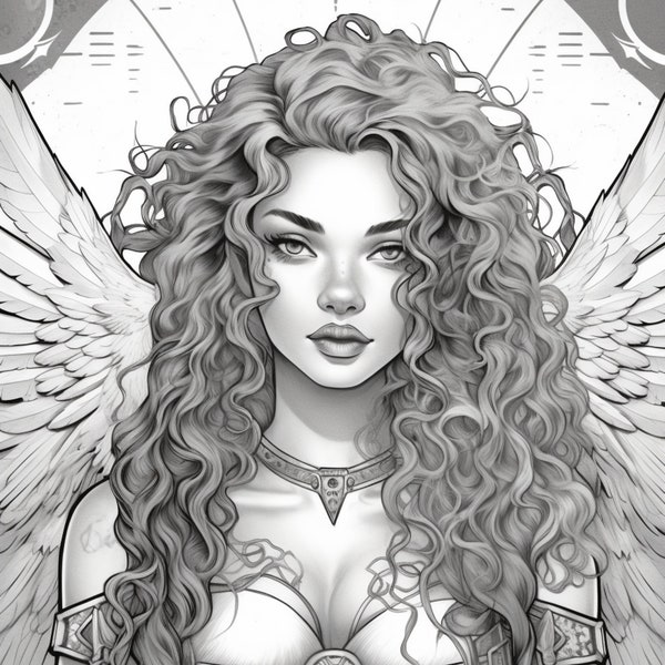 Beautiful Valkyries coloring book for Adults and Kids, Instant download, Grayscale Coloring Pages, Women empowerment