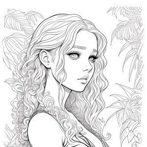 May include: Black and white line art illustration of a woman with long, wavy hair and a patterned top. The artwork features detailed facial features and is surrounded by stylized foliage, creating a serene and artistic composition.