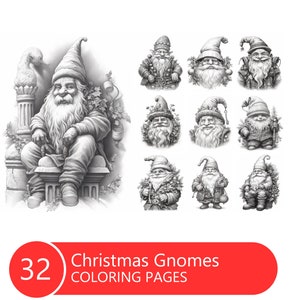 Christmas Gnomes Coloring Book for Adults and Kids, Grayscale Coloring Pages, Instant Download, Printable PDF File