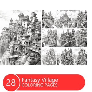 Fantasy Dorf Malbuch für Erwachsene und Kinder, Graustufen Malvorlagen, Sofort Download, Druckbare PDF Datei