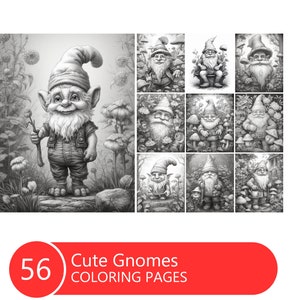 Cute Gnomes Coloring Book for Adults and Kids, Grayscale  Coloring Pages, Instant Download, Printable PDF File