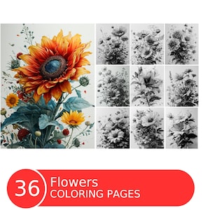 Grayscale Flowers Coloring Book: 36 Printable Pages (PDF File)