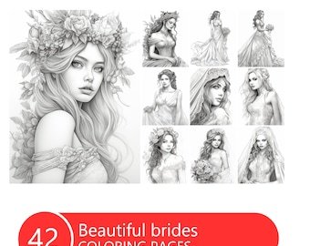 Brides Grayscale Coloring Book: 42 Printable Pages (PDF File)