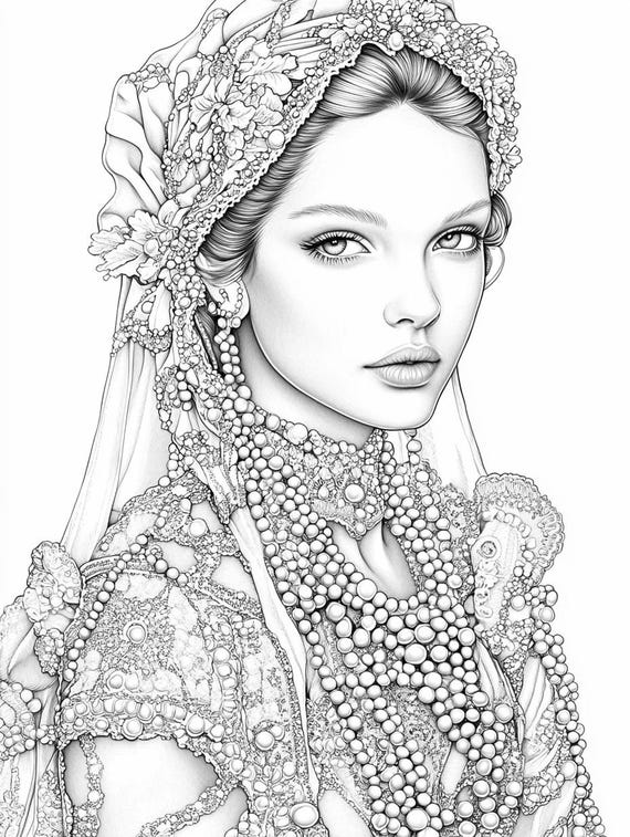 バロック時代の女性の肖像画の塗り絵：グレースケールの印刷可能な