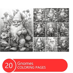 Cute Gnomes in the garden Coloring Book for Adults and Kids, Grayscale Coloring Pages, Instant Download, Printable PDF File image 1