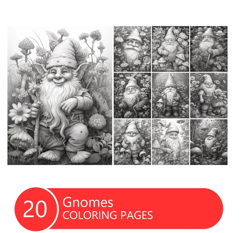 Cute Gnomes in the garden Coloring Book for Adults and Kids, Grayscale Coloring Pages, Instant Download, Printable PDF File image 1