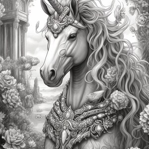 Puede incluir: Ilustraci&oacute;n en blanco y negro de un unicornio con un cuerno en espiral, un tocado ornamentado y una armadura de pecho decorativa. El unicornio est&aacute; rodeado de flores y un fondo de una estructura arquitect&oacute;nica y un paisaje.