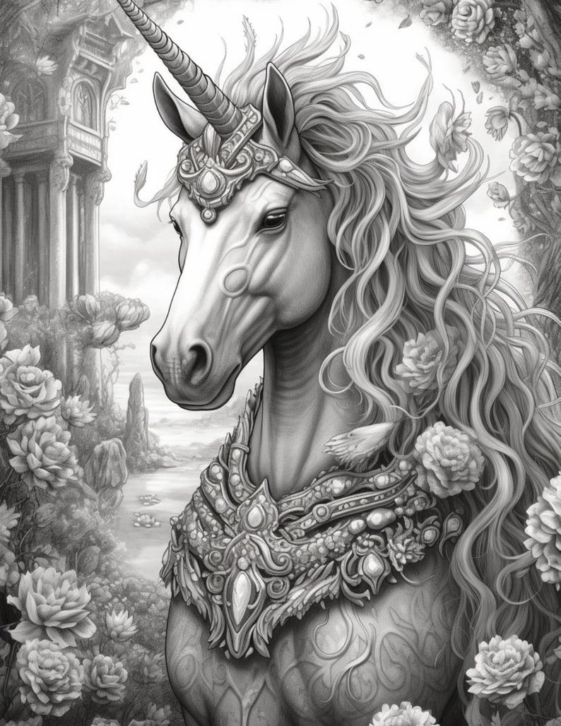 Puede incluir: Ilustraci&oacute;n en blanco y negro de un unicornio con un cuerno en espiral, un tocado ornamentado y una armadura de pecho decorativa. El unicornio est&aacute; rodeado de flores y un fondo de una estructura arquitect&oacute;nica y un paisaje.