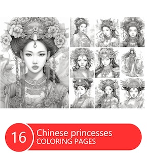 Chinesische Prinzessinnen Malbuch für Erwachsene und Kinder, Graustufen Malvorlagen, Sofort Download, Druckbare PDF Datei