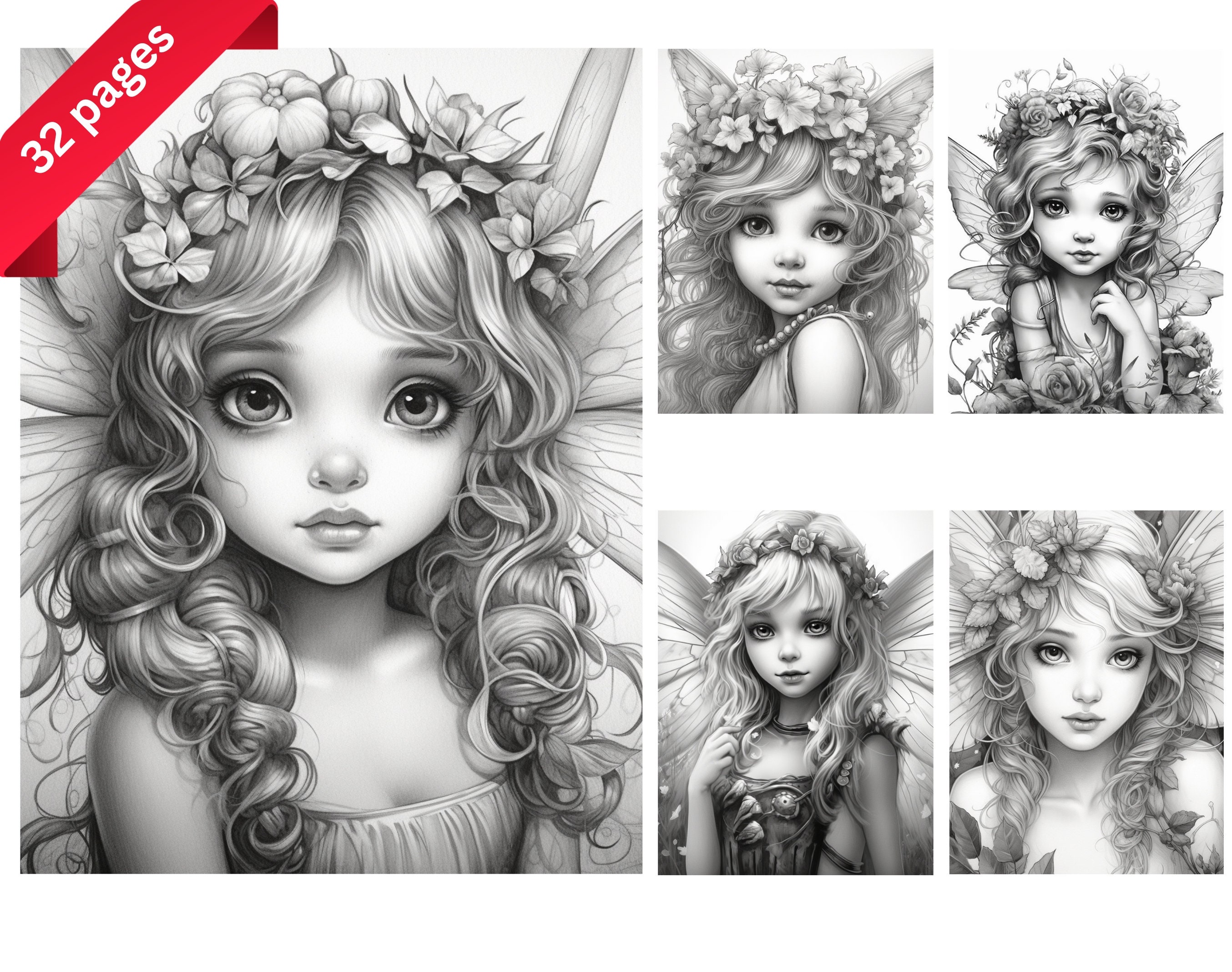 Cute Little Fairies Adults Coloring Pages, Download Grayscale Illustrations, Fairy Coloring Page, Fantasy