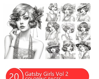 Gatsby Girls Vol 2 Coloring Book for Adults and Kids, Grayscale Coloring Pages, Instant Download, Printable PDF File