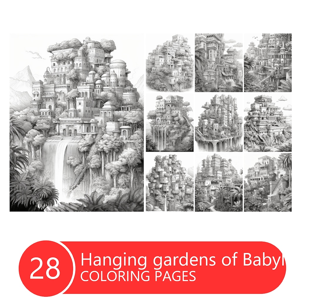 Hanging Gardens of Babylon Coloring Book for Adults and Kids, Grayscale