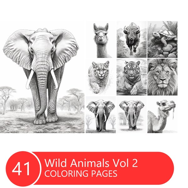 Wild Animals Vol 2 Coloring Book for Adults and Kids, Grayscale Coloring Pages, Instant Download, Printable PDF File