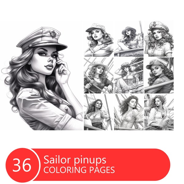 Sailor Pinups Coloring Book for Adults and Kids, Grayscale Coloring Pages, Instant Download, Printable PDF File