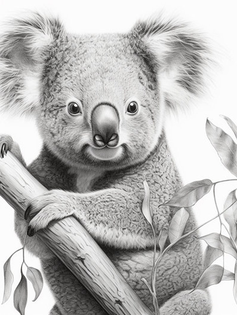 Puede incluir: Dibujo a l&aacute;piz detallado de un koala. El koala est&aacute; posado en una rama de &aacute;rbol, con su pelaje gris y esponjoso y sus grandes ojos expresivos. Se ven hojas de eucalipto en el fondo, lo que se suma al tema natural.