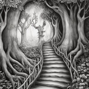 May include: A black and white pencil drawing of a stone staircase leading up into a dense forest. The staircase is surrounded by a wooden fence and the trees have thick roots and branches.