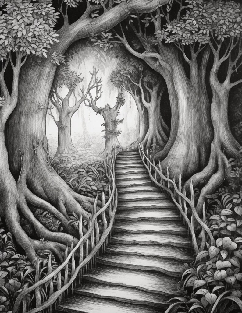 May include: A black and white pencil drawing of a stone staircase leading up into a dense forest. The staircase is surrounded by a wooden fence and the trees have thick roots and branches.