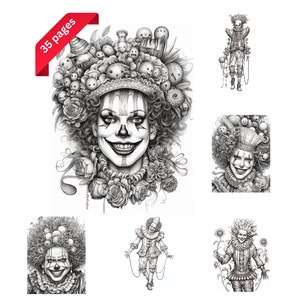 Scary Clowns Coloring Book, Adults Coloring Pages, Circus Grayscale Illustration, Instant Download, Printable PDF, Set 1
