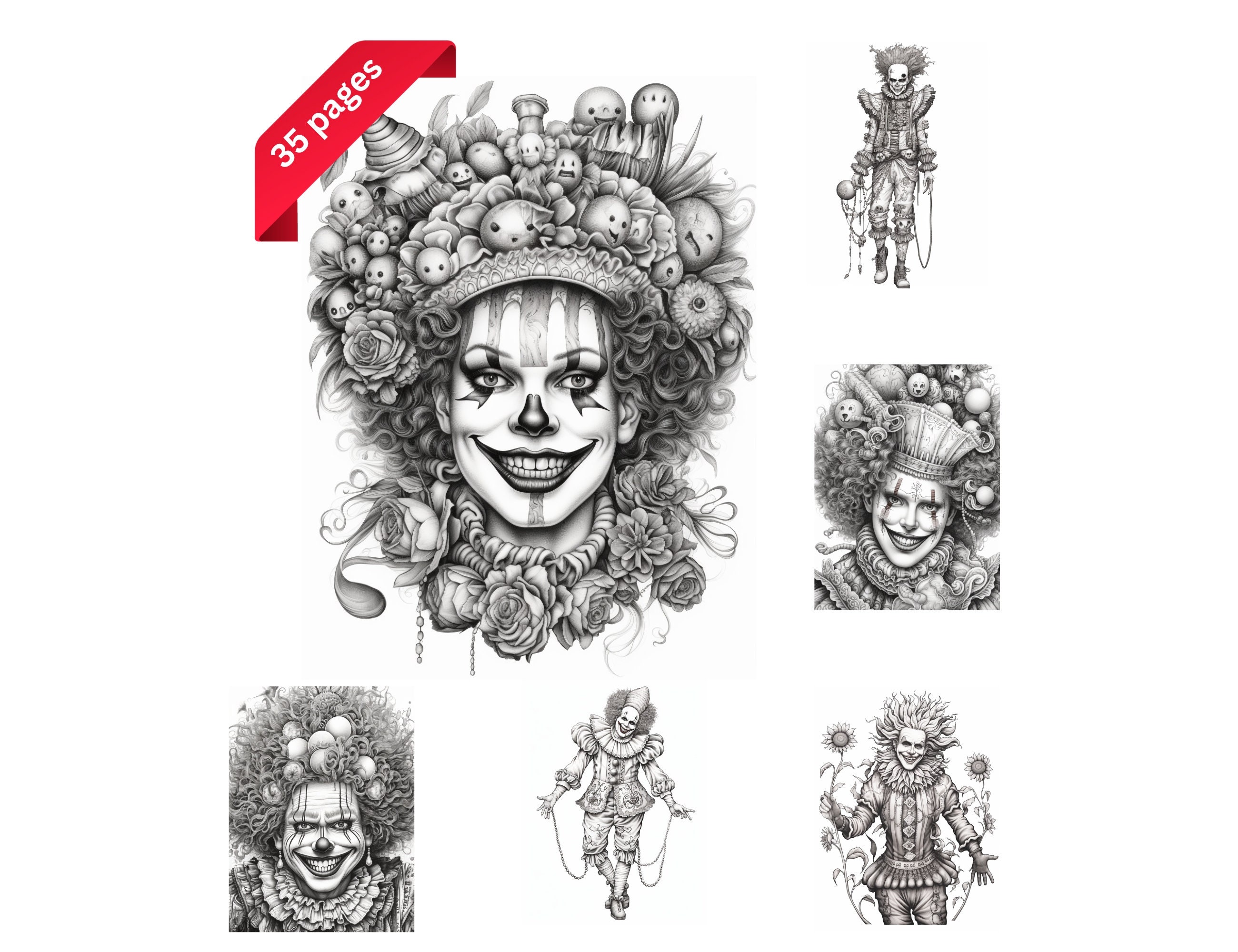 Scary Clowns Coloring Book, Adults Coloring Pages, Circus Grayscale