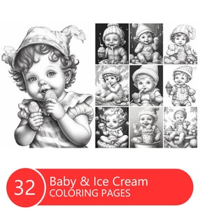 Baby & Ice Cream Coloring Book for Adults, Grayscale Coloring Pages, Instant Download, Printable PDF File