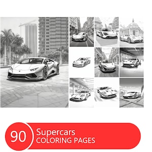 Supercars Grayscale Coloring Book: 90 Pages, For Adults & Kids (Printable PDF File)