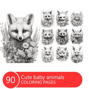 Cute Baby Animals Coloring Book for Adults and Kids, Grayscale Coloring Pages, Instant Download, Printable PDF File