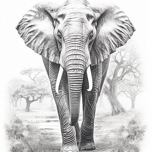 Puede incluir: Ilustraci&oacute;n en blanco y negro de un elefante africano caminando hacia el espectador. Se aprecian sus grandes orejas, colmillos y piel texturizada. El fondo muestra un paisaje brumoso con &aacute;rboles, evocando la sabana africana.