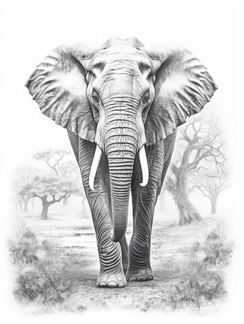 Puede incluir: Ilustraci&oacute;n en blanco y negro de un elefante africano caminando hacia el espectador. Se aprecian sus grandes orejas, colmillos y piel texturizada. El fondo muestra un paisaje brumoso con &aacute;rboles, evocando la sabana africana.