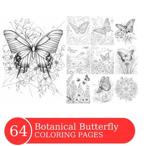Botanical Butterfly Coloring Book for Adults and Kids, Grayscale Coloring Pages, Instant Download, Printable PDF File