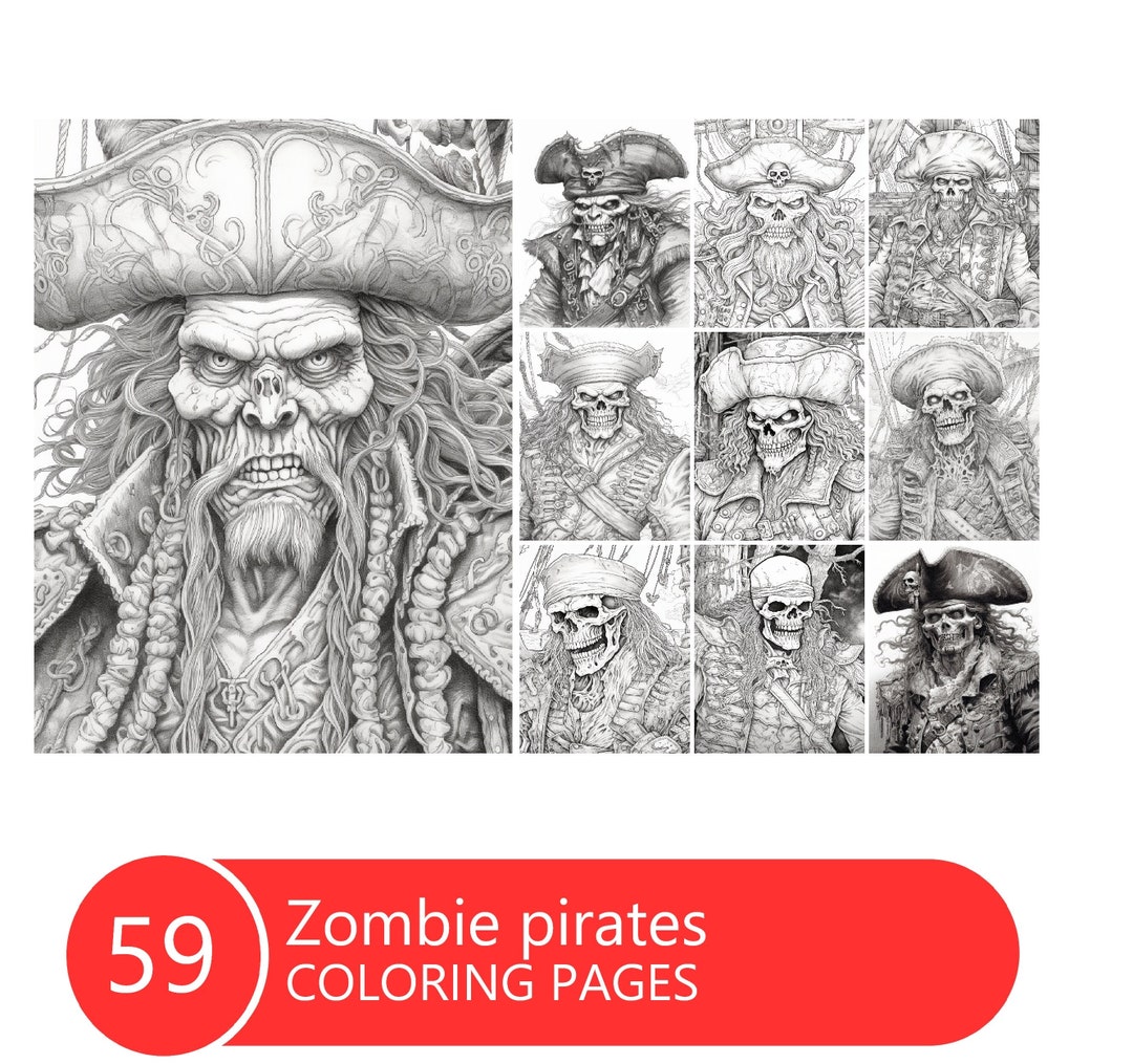 Zombie Pirates Coloring Book for Adults and Kids, Grayscale Coloring ...