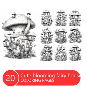 Blooming fairy houses Coloring Book for Adults and Kids, Grayscale  Coloring Pages, Instant Download, Printable PDF File