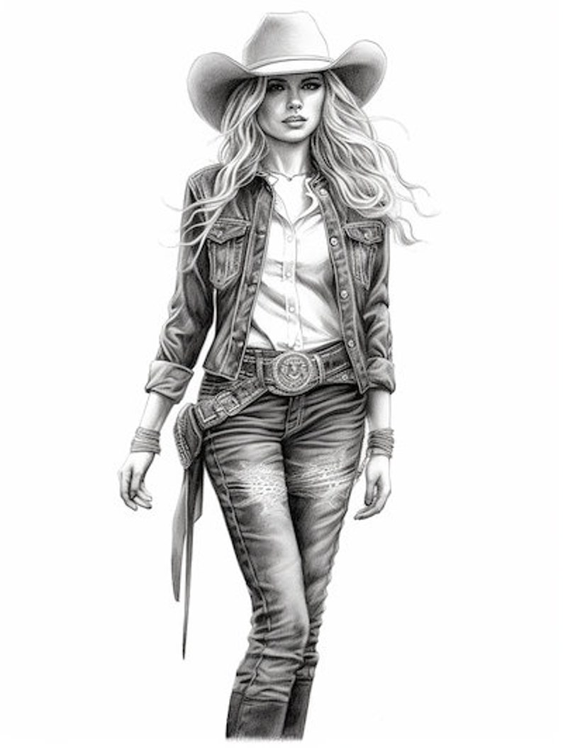 Beautiful Cowgirls Coloring Book for Adults and Kids, Grayscale ...