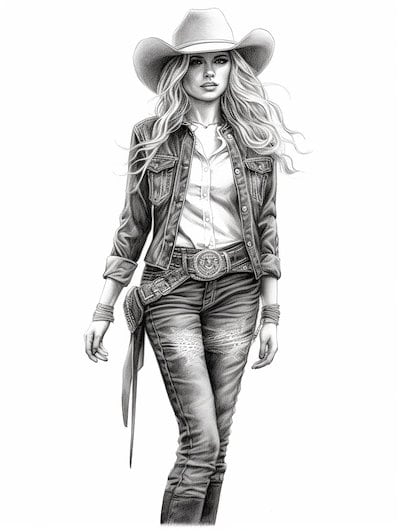 Beautiful Cowgirls Coloring Book for Adults and Kids, Grayscale ...