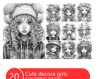Cute Decora Girls Coloring Book para adultos e crianças, páginas para colorir em tons de cinza, download instantâneo, arquivo PDF para impressão