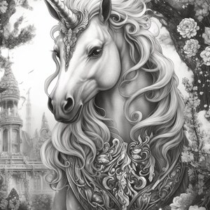 Puede incluir: Ilustraci&oacute;n detallada en blanco y negro de un unicornio. El unicornio tiene un cuerno largo y en espiral, una melena fluida y una armadura de pecho ornamentada. El fondo presenta un castillo y elementos florales, creando un tema de fantas&iacute;a.