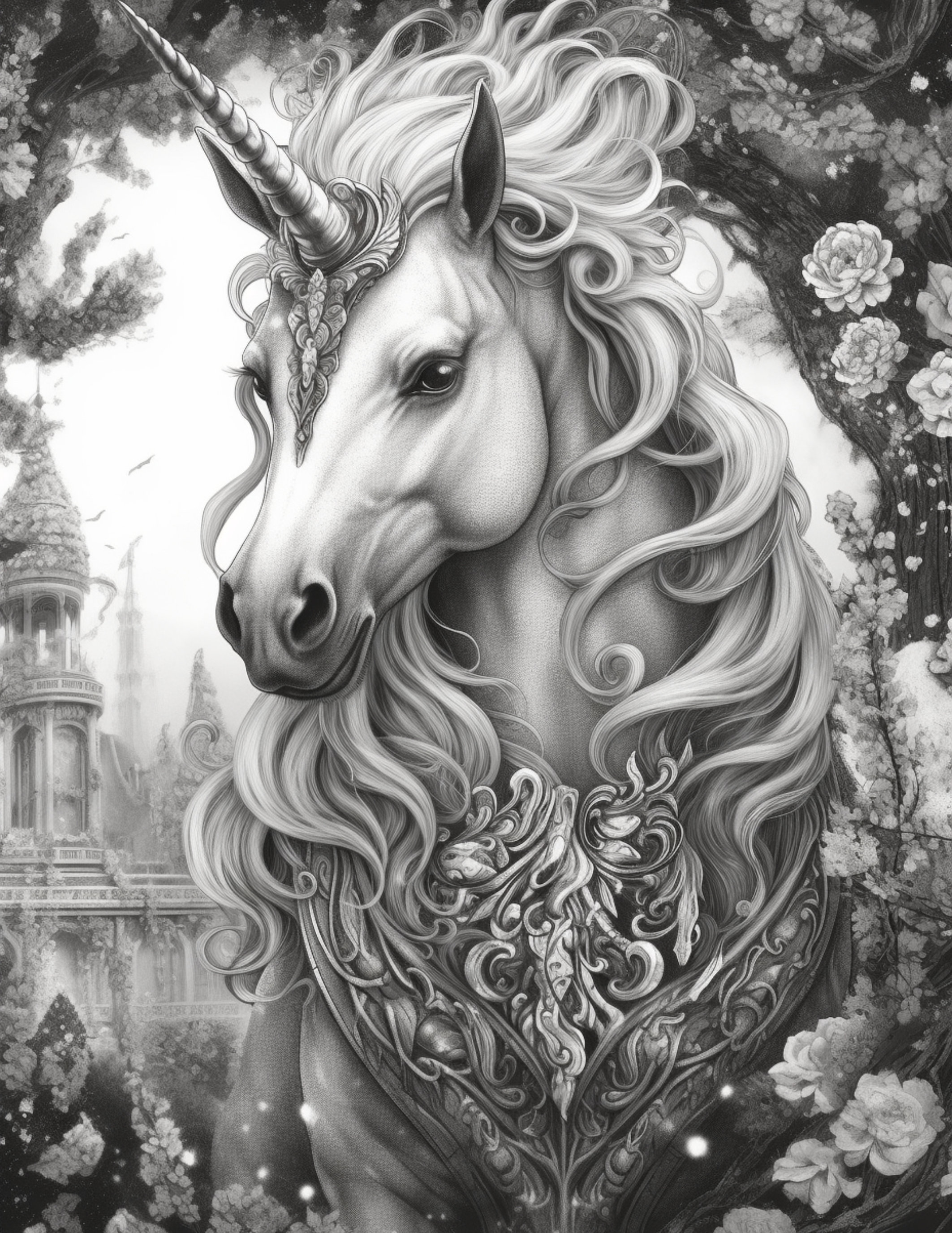 Unicorns Coloring Page for Adults and Teens Grayscale - Etsy