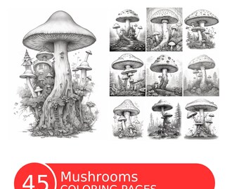 Mushroom Grayscale Coloring Book: 45 Page Printable PDF (Instant Download)