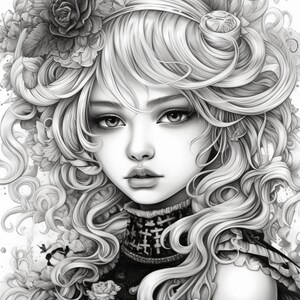 May include: A black and white drawing of a woman with long, curly hair. She is wearing a floral crown and a high-collared dress. The drawing is detailed and intricate, with a focus on the woman's face and hair.