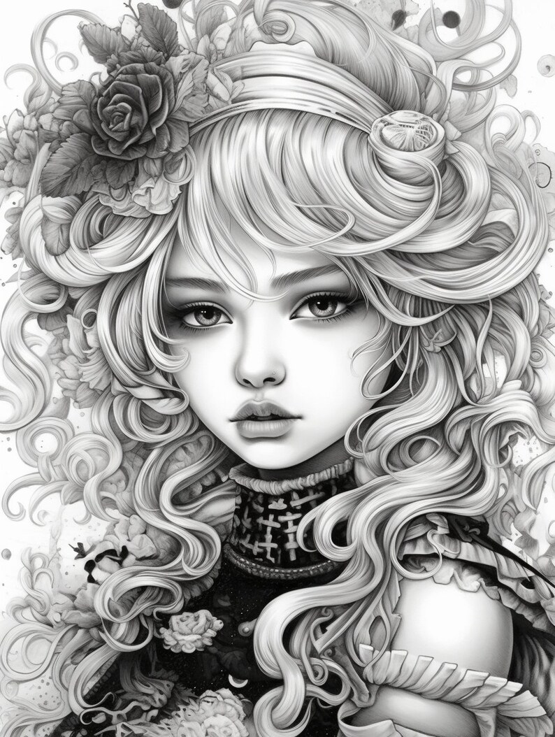 May include: A black and white drawing of a woman with long, curly hair. She is wearing a floral crown and a high-collared dress. The drawing is detailed and intricate, with a focus on the woman's face and hair.