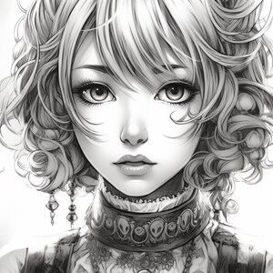 May include: A black and white drawing of a woman with curly hair, wearing a choker necklace with a decorative design and a pendant necklace with a large gemstone. She is wearing a white blouse with lace trim and a dark jacket.