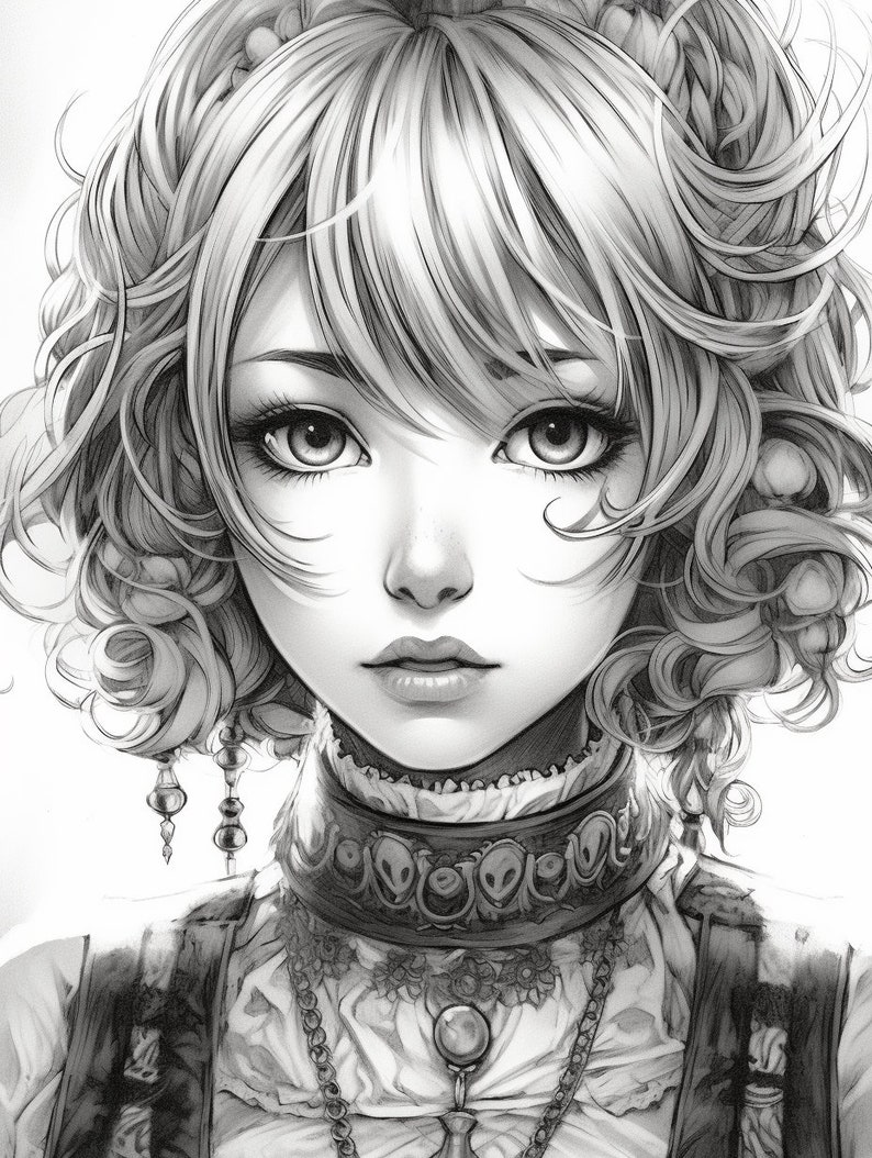 May include: A black and white drawing of a woman with curly hair, wearing a choker necklace with a decorative design and a pendant necklace with a large gemstone. She is wearing a white blouse with lace trim and a dark jacket.