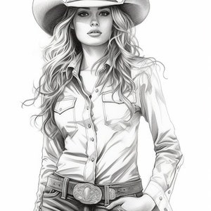 Beautiful Cowgirls Coloring Book for Adults and Kids, Grayscale ...