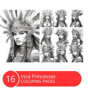 Inca Princesses Coloring Book: Grayscale Art, Adults & Kids (Printable PDF)