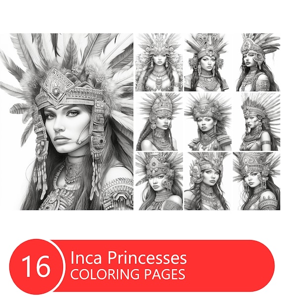 Inca Princesses Coloring Book for Adults and Kids, Grayscale  Coloring Pages, Instant Download, Printable PDF File