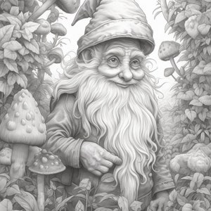 Cute Gnomes in the garden Coloring Book for Adults and Kids, Grayscale Coloring Pages, Instant Download, Printable PDF File image 4