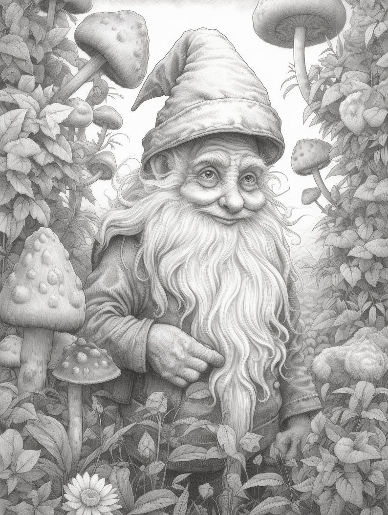 Cute Gnomes in the garden Coloring Book for Adults and Kids, Grayscale Coloring Pages, Instant Download, Printable PDF File image 4