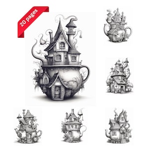 Teapot houses Coloring Book for Adults and Kids, Instant Download, Grayscale Coloring Book