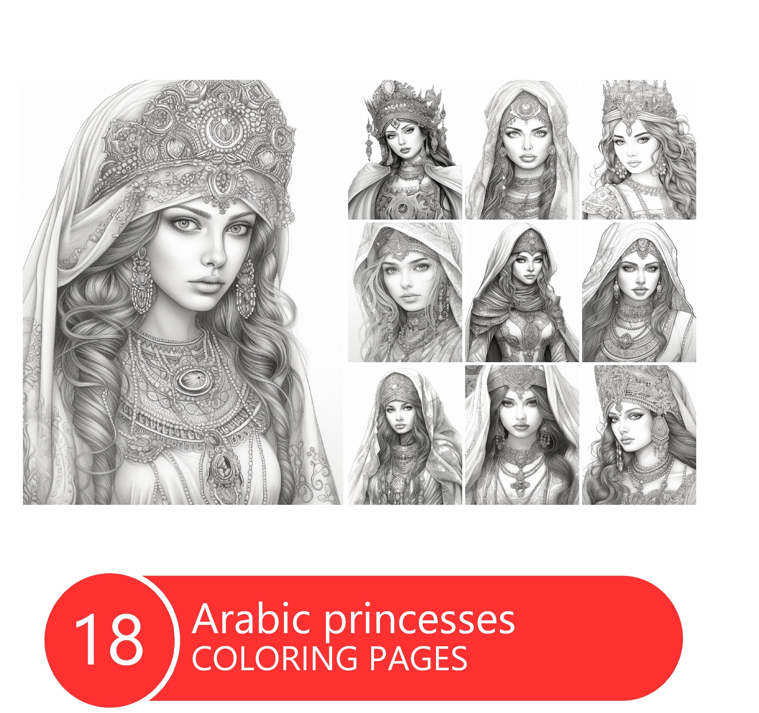 Arabic Princesses Coloring Book for Adults and Kids Grayscale Etsy