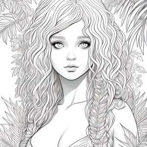 May include: Black and white illustration of a woman with long, wavy hair and a braid. The woman has large eyes and full lips. The background features tropical foliage, creating a serene and natural aesthetic. The artwork is detailed and elegant.